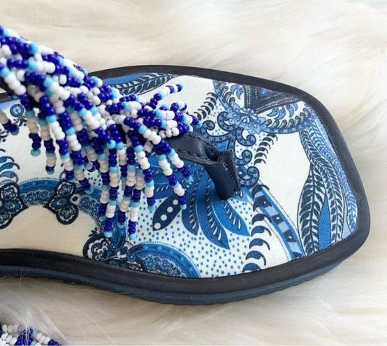 Farm Rio  Blue Tile Beaded Flat Lace Up Sandals Blue Size 6 NEW WITHOUT BOX