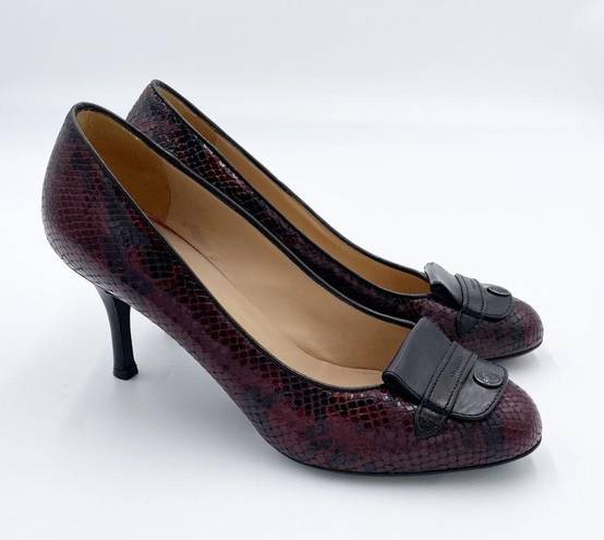 Longchamp  Women's Burgundy Red Snakeskin Embossed Logo High Heels Pumps 37