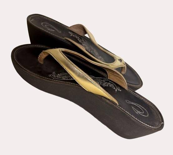 Olukai  Womens Paniolo Wedge Flip Flops Shoes Gold 39 US 8 bf