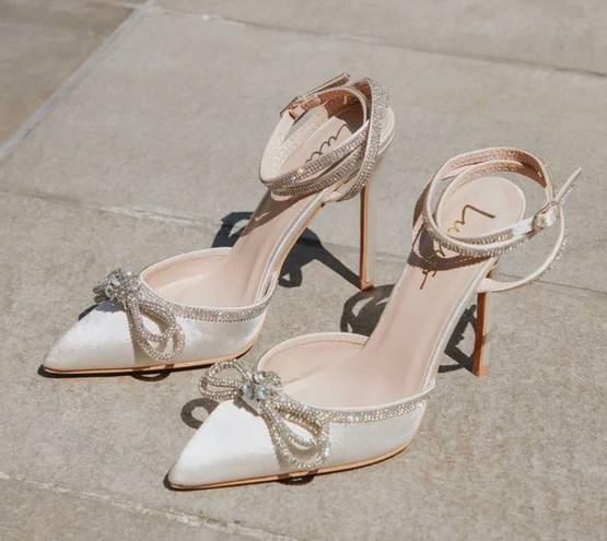 Lulus Ivory Satin Rhinestone Ankle Strap Pointed Toe Pump