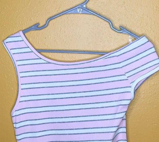 American Apparel  Pink Gray Striped Off Shoulder Bodysuit New L