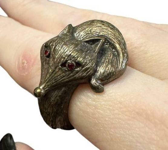 Ruby Vintage Bronze Furred Fox Ring  Eyes Signed