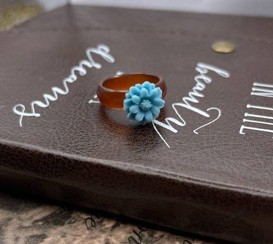Daisy Baby Blue  Floral Brown Agate Bohemian Size 7 Ring