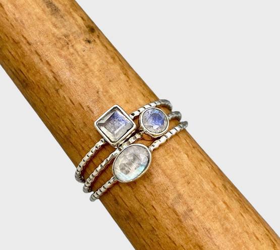 Sterling Silver Rainbow Moonstone Stacker Ring Trio - Sz 9