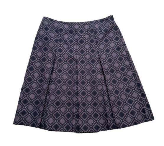 Ann Taylor  Skirt Purple Black Geo Print Silk Cotton Pleated Knee Length Size 8