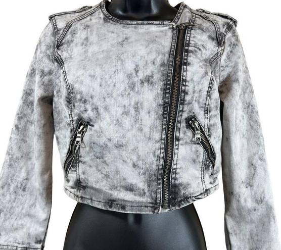 Bebe  Acid Washed Cropped Denim Moto Jacket