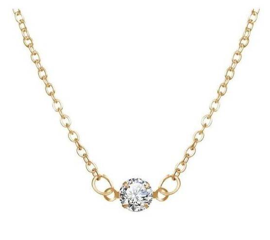 Solitaire Gold Tone Faux Diamond Necklace Classic 