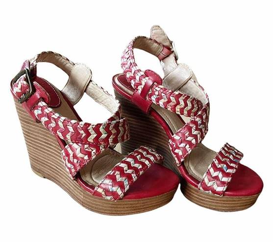 Frye  Corrina Whipstich Platform Wedges Leather Peep Toe Braided Sandals 5.5 GUC