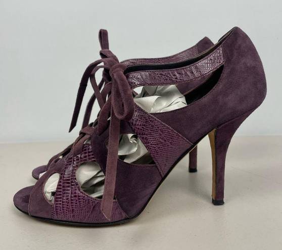 Kate Spade Eggplant Purple Chad Suede Leather Lizard Print Lace Up Open Toe Heel