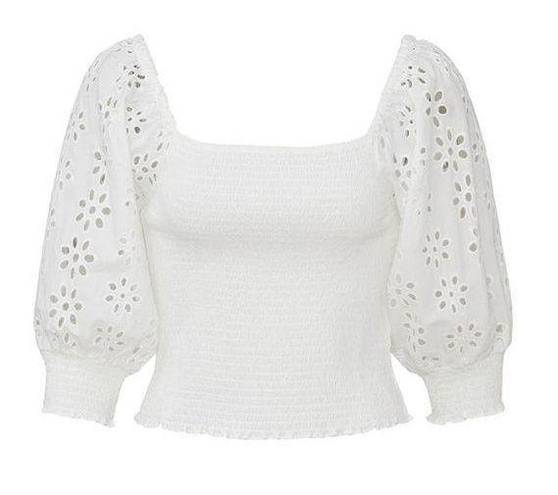 Wish The Label Frame White Shirred Eyelet Lace Cropped Blouse Lacy Ruched size L