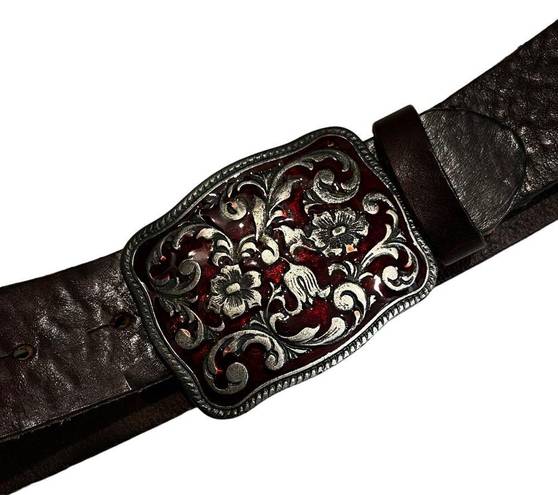 Gap  Brown Leather Ladies Belt, Red Enameled Floral Buckle, Sz S