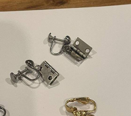 Gold Hinge Lot Of 3 Fun Novelty Clip On Screw On Earrings Dangle- Door Hinge Horseshoe Etc