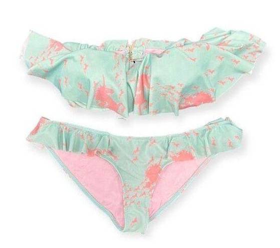 Beach Riot  bikini, aqua blue pink unicorn print Flutter ruffle (top M, Bottom L)