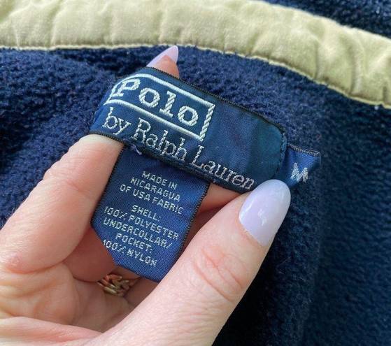 Polo Vintage  By Ralph Lauren Navy Blue Fleece Tan Trim Zip Up Jacket