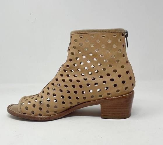 Loeffler Randall  Ione Beach Tan Leather Perforated Peep Toe Ankle Boots Shoes 6