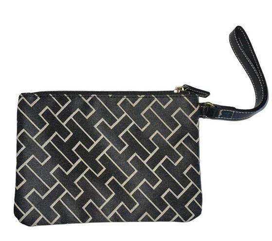 Tommy Hilfiger Womens Geometric Print Wristlet Wallet Clutch Bag Black Tan EUC