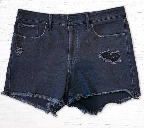 Good American  Distressed Black Jean Cut Off Shorts Size 14/32 Animal Print Patch