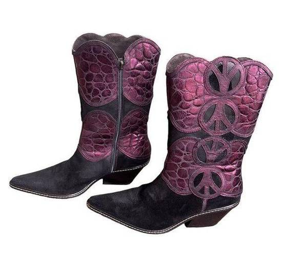 Donald Pliner  Vintage Suede Black Purple Peace sign Cowboy Boots 6.5