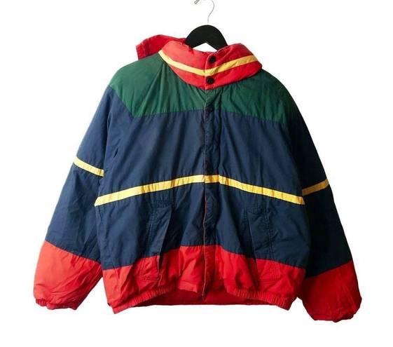 Nautica  Down Jacket Vintage 90s Multicolor Medium M Zip Puffer Hooded Reversible