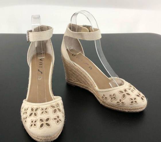 Unisa  Unareia Cream Embroidered Eyelet Ankle Strap Espadrille Wedge Sandals 8