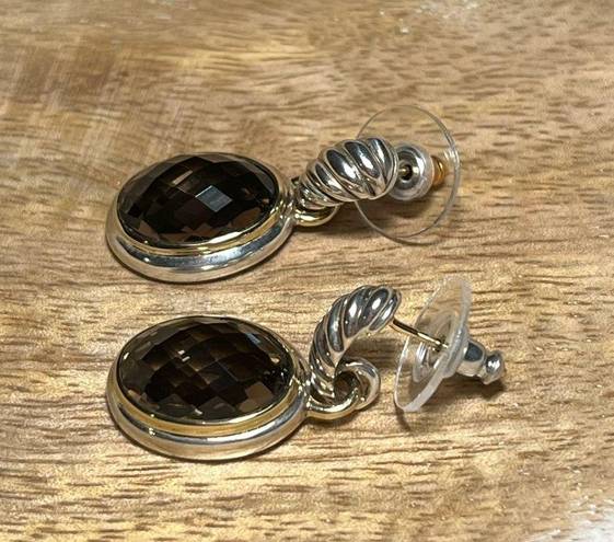 David Yurman  Sterling Silver & 18K Gold Oval Smokey Quartz Drop Dangle Earrings