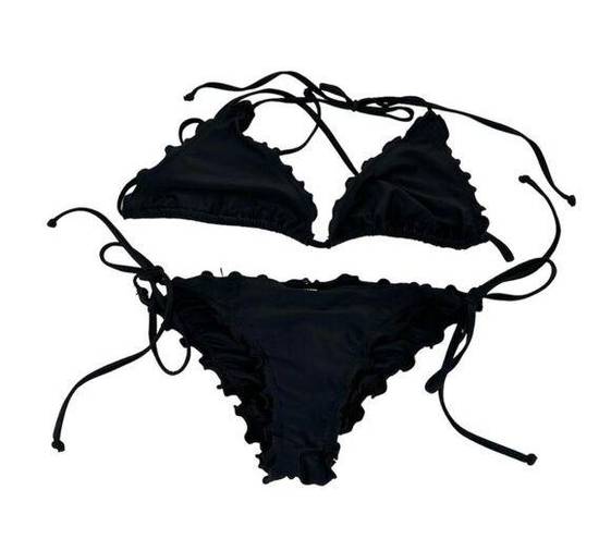 Relleciga  Bikini Womens Small Black Ruffle Triangle Swim Suit Strappy Tie Solid