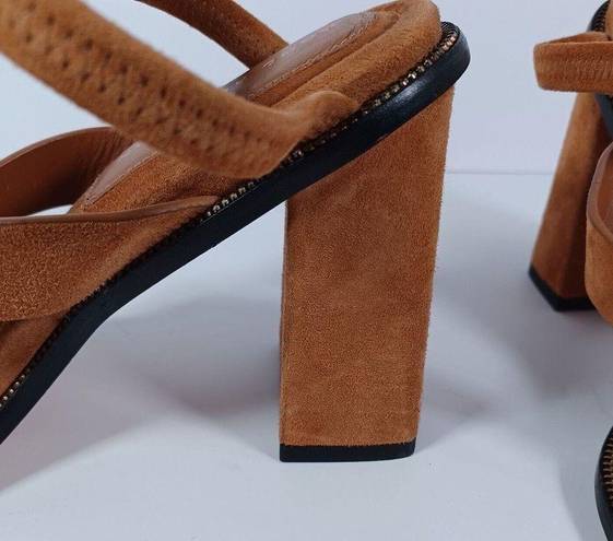 Good American  Size 8 Square Toe Brown Suede Block Heel Thong Sandals Zipper Edge