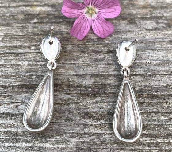 Brighton  Bilbao Mist Tear Drop Silver Hammered Drop Earrings w/Crystals. EUC