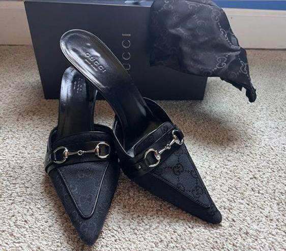 Gucci Black GG Canvas and Leather Horse-Bit Pointed Mules Women’s Size 8