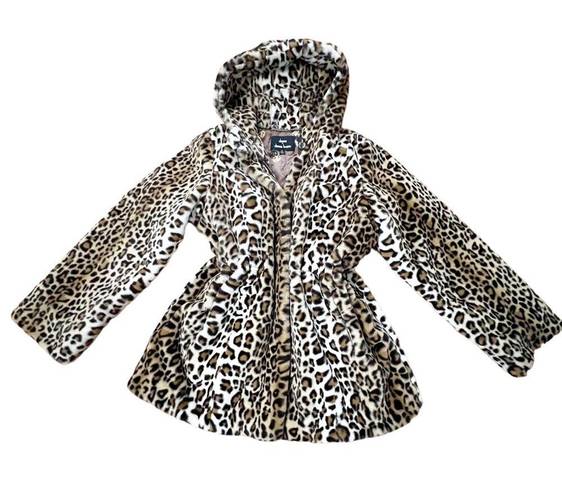 Dennis Basso Brown Leopard Zip Front Faux Fur Coat with Hood and Waist Detail