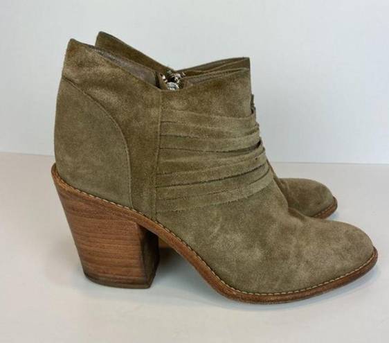 Loeffler Randall  Ankle Booties 9 Khaki Green Gray Suede‎ Leather Stacked Heel