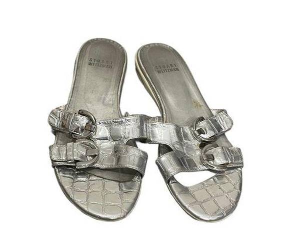 Stuart Weitzman  Silver Metalic Double Buckle Strap Slide Sandals 5.5