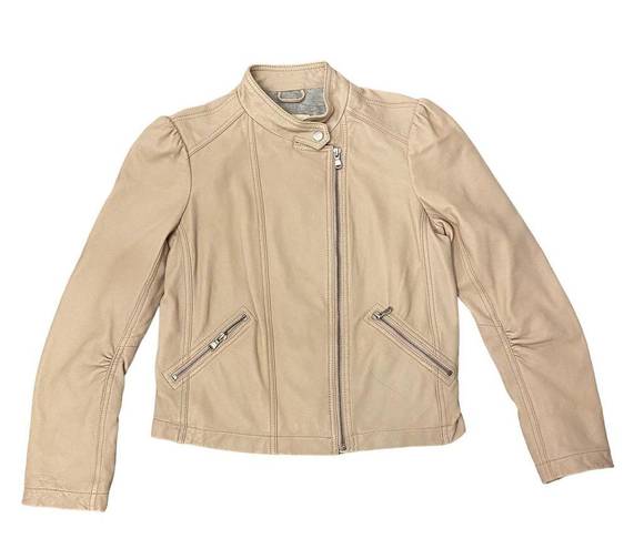 Rebecca Taylor  Womens Lamb Leather Moto Jacket Full Zip Long Sleeve Nude Cream 2