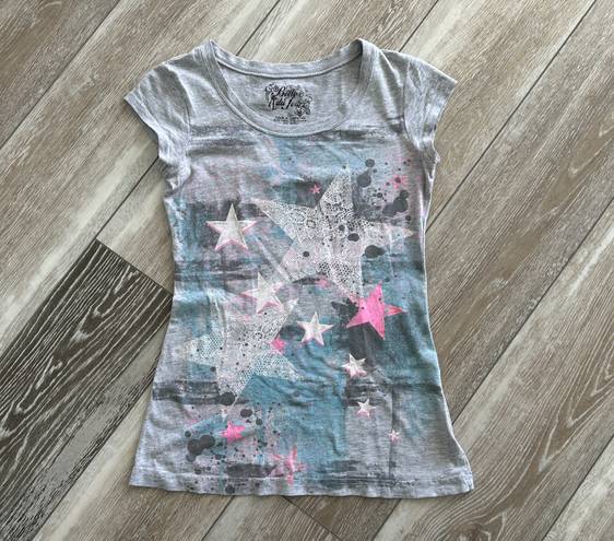 belle du jour Sz S Adorable Tee T-Shirt Top Gray W Sparkles & Stars