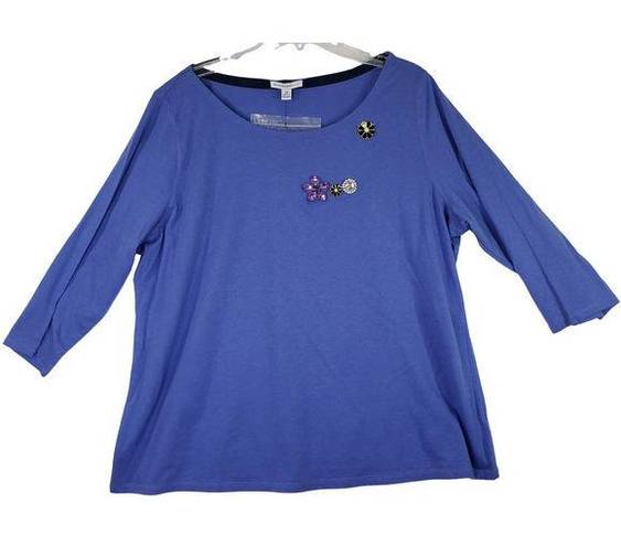 Isaac Mizrahi  Live Women's 2X Blue 3/4 Sleeve Flower Jewel Pins Blouse New