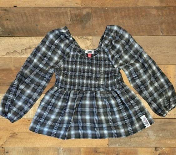 Tommy Hilfiger Tommy Jeans Womens Size Medium Plaid Peplum Smocked Top •Scoop Neck Long Sleeves