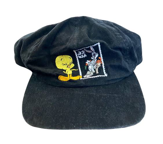 Looney Tunes Vintage 1997 Looney Toons "Stamp Collection" Distressed Snap Back Baseball Hat in Washed Black 🔥