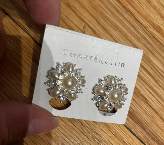 Charter Club Silver Tone Faux Pearl & Rhinestone Cluster Earrings Butterfly