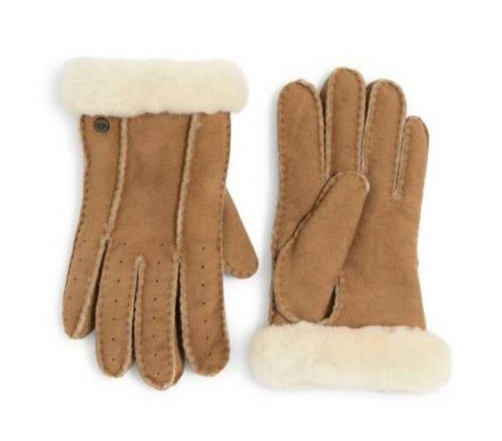 UGG  Womens M Perforated Genuine Shearling Suede Gloves in Chestnut NEW