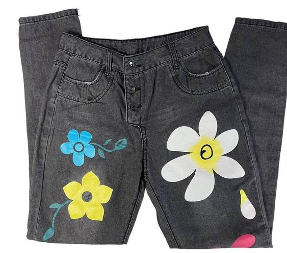 Daisy Y2K Black Denim Button Front High Rise Jeans with  Flowers Medium 28 Waist