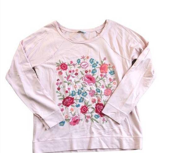 Garnet Hill  Open-Neck Embellished Sweatshirt L French Terry Floral Embroidered