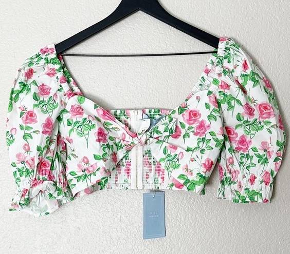 Hill House  The Isabella Top Pink Roses Poplin Puff Sleeve Tie Front Floral