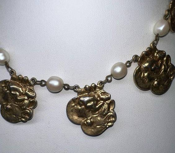 Vintage Gold Tone and Faux Pearl Baroque Girl Charm Choker Necklace