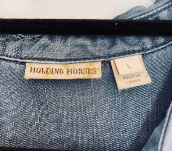 Holding Horses  Denim Ombre Button Up Tunic Women's Large Long Length 100% Tencel