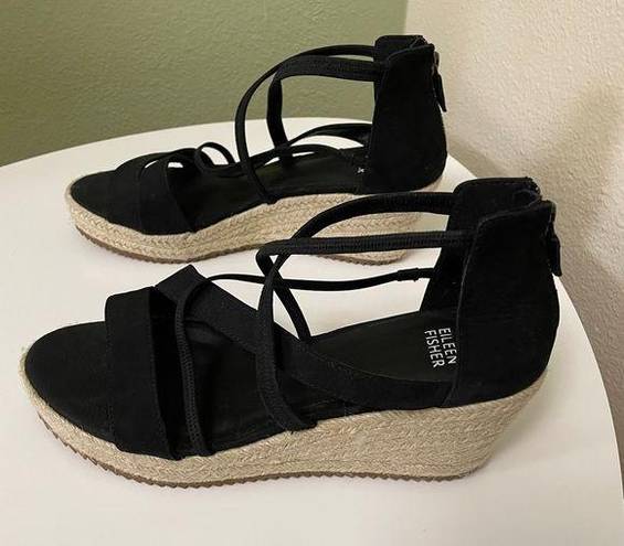 Eileen Fisher  Women’s Espadrille WedgeTumbled Nubuck Black Straps Sz 9 Jute Sole