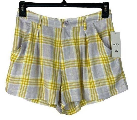 RVCA  SZ 27 Downer Shorts Yellow Plaid Pleated Front Pockets High-Rise Zip-Fly