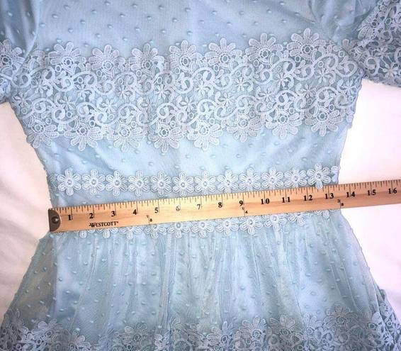 Just Me  Womes Size S Dress Midi Lace Short Sleeves Blue Cottage Modest Party