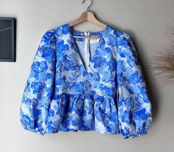 Tuckernuck  NEW Hyacinth House Blouse Blue Jacquard Puff Sleeve Eleanor Top Sz S