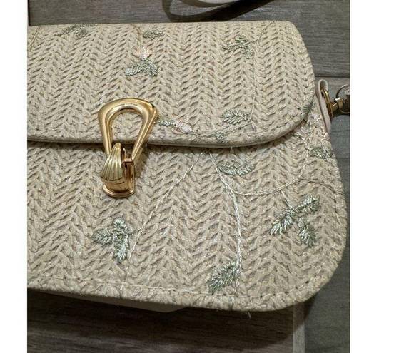 Woven straw floral embroidered saddle bag mini purse