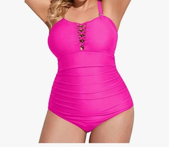 One Piece Yonique Pink Sexy ruched tummy control  bathing swim suit plus 20W